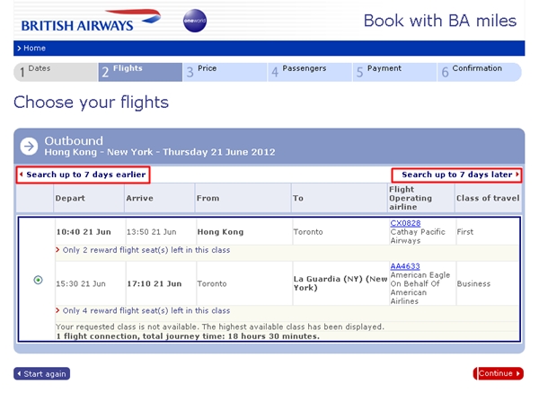 Search for Oneworld awards 7 days earlier or later using British Airways search 