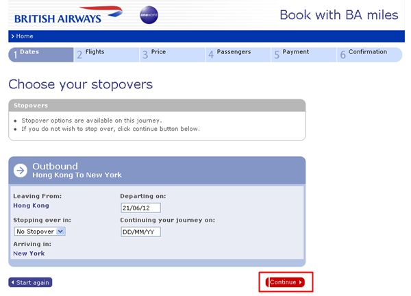 Ignore Choose your stopover and Click Continue-British Airways award search 