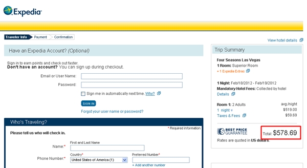 Peak Rate on Expedia-Four Seasons Las Vegas