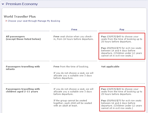 British Airways Assigned Seating Fees-Premium Economy