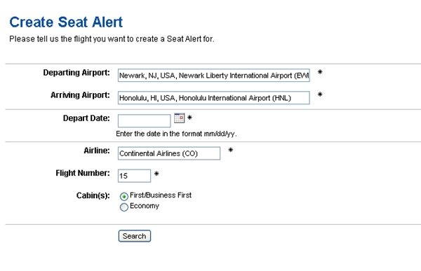 ExpertFlyer Free Account Offers Seat Alerts-Create Seat Alert