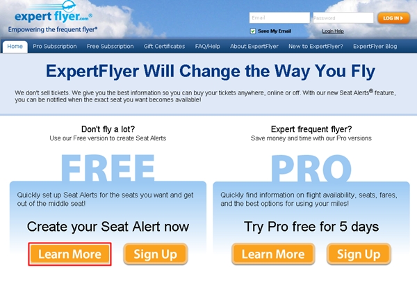 ExpertFlyer Free Account Offers Seat Alerts