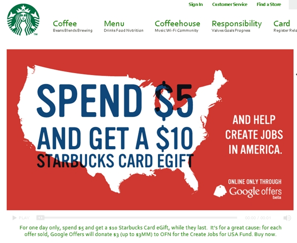 $10 Starbucks Gift Card for $5 Today Only