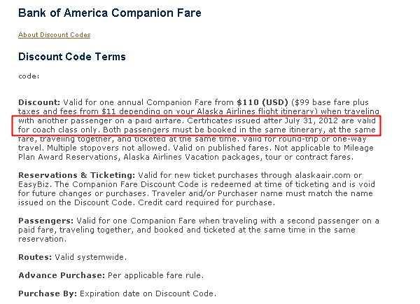 Alaska Visa Companion Fare: Not Valid on First Class after July 31