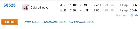 Qatar NYC-MLE roundtrip is over $8000