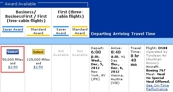 Tyrolean Air flies nonstop to Vienna - Business Class Award is 50K United miles