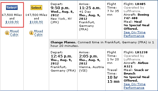 NYC - Vienna in Lufthansa First Class: 67,500 United miles 