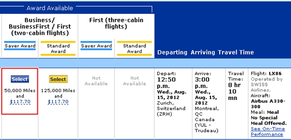 SWISS Business Class ZRH-YUL is 50,000 United miles