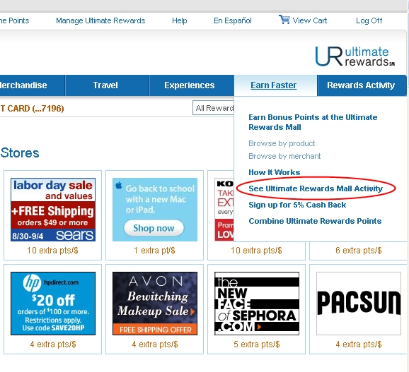 See Ultimate Rewards Mall Activity to view points