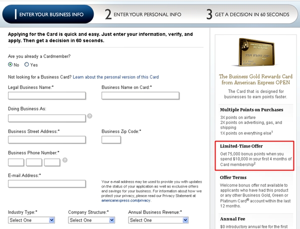 AMEX Business Gold Rewards 75000 Points