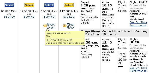 Lufthansa Business or First Class to Milan using United Miles