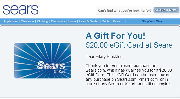 Sears 20 Dollar Bonus Gift Card