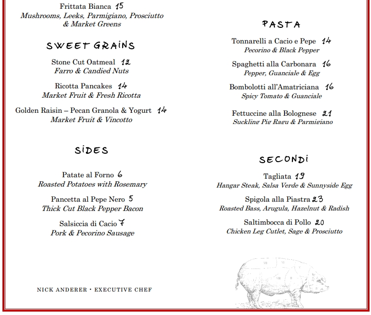 Maialino NYC Brunch Menu