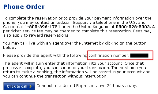 United FareLock or Free Hold - Phone Order Page Confirmation Number