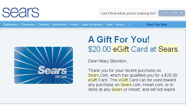 Sears 20X Points and Bonus Gift Cards - 43% Back - $20 eGift Card