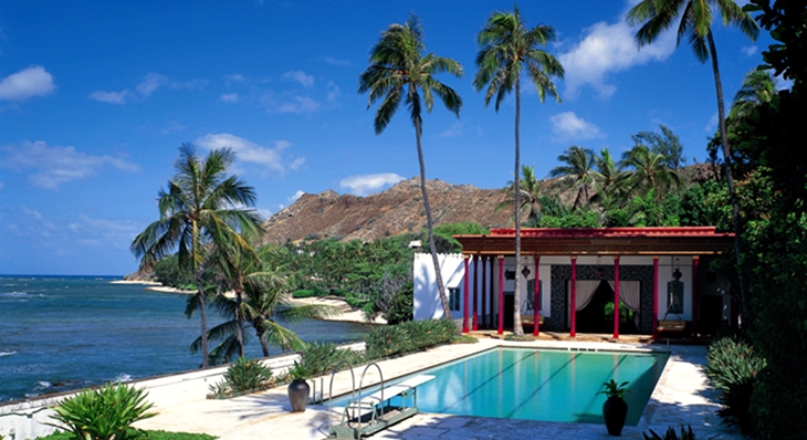 palm trees next to a pool