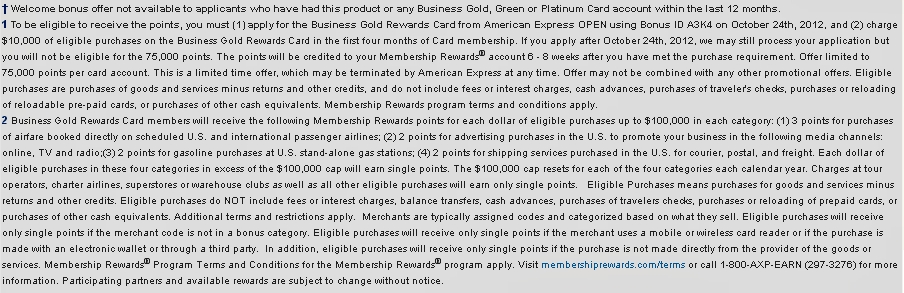 75,000 Points AMEX Business Gold Rewards Card Terms