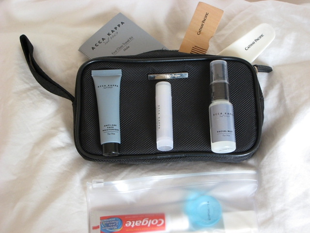 Cathay Pacific First Class Review - Ermenegildo Zegna Amenity Kit with Acca Kappa toiletries