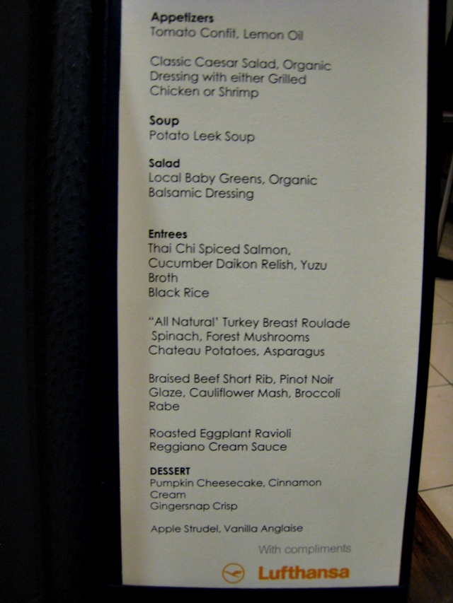 Lufthansa First Class Review - IAH Lufthansa Lounge First Class Menu