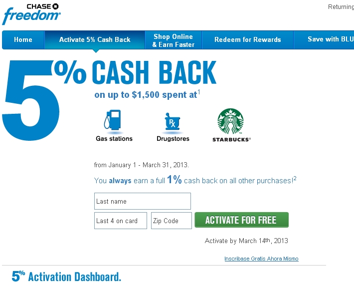 Activate Chase Freedom 5X Q1 2013 Bonuses for Drugstores, Starbucks and Gas Stations