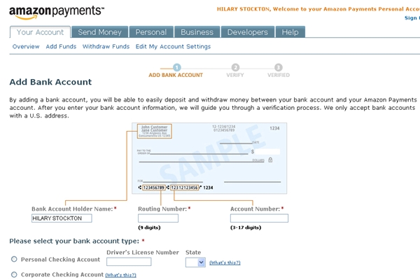 Amazon Payments: Add Bank Account