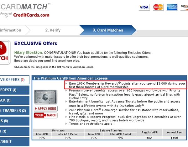 AMEX Platinum 100K Bonus Offer - Card Matches