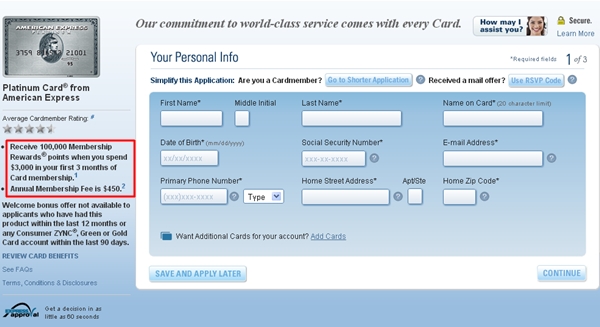 AMEX Platinum 100,000 Bonus Offer - Application