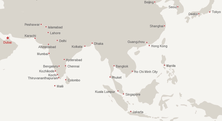 Emirates Route Map for India, Middle East and Asia