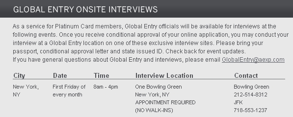 AMEX Platinum Card Global Entry Onsite Interview in NYC
