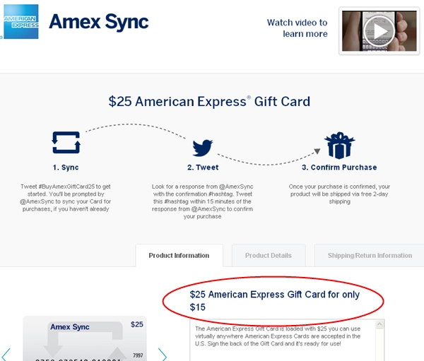 AMEX $25 Gift Card for $15 with AMEX Twitter Sync
