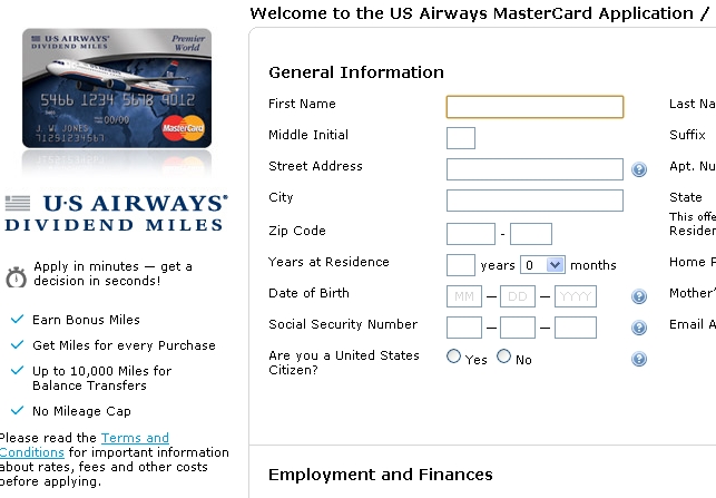 US Airways Credit Card-35,000 First Year Annual Fee Waived