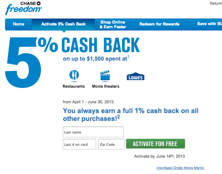 Activate Chase Freedom 5X for Q2 2013 for Restaurants, Lowe's, Movie Theaters