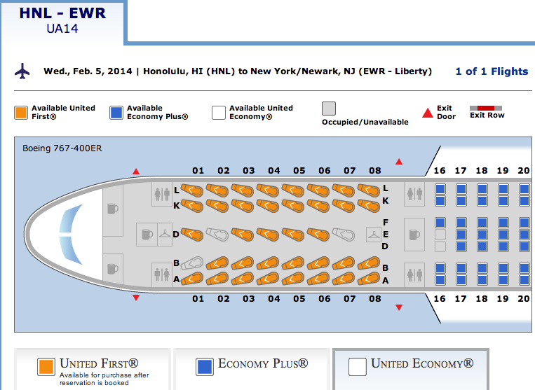 Flat Bed Seat to Hawaii: Seat Map of Honolulu to NYC - EWR UA14 Flight