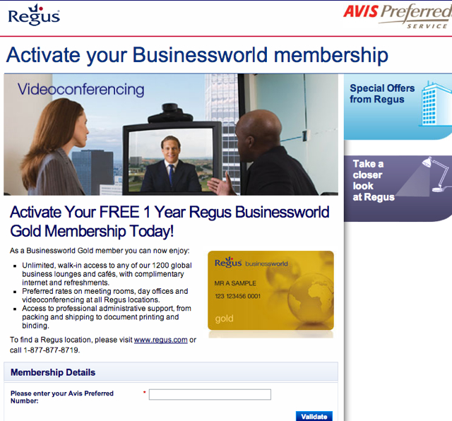 Free Regus Businessworld Gold Membership with Avis number