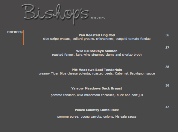 Bishop's Vancouver Restaurant Menu, Spring 2013