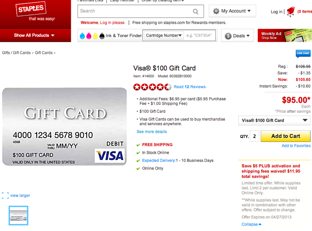$100 Visa Gift Card for $95 Including Shipping from Staples