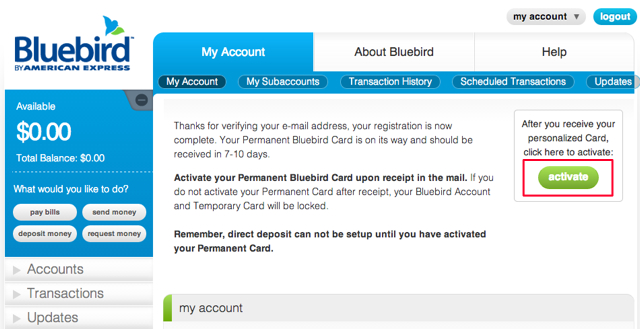 AMEX Bluebird-Free Checks-First Activate Bluebird Card