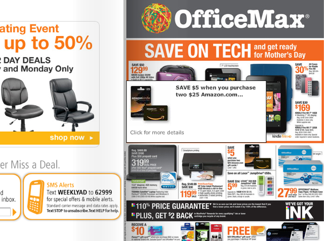 Office Max: $50 of Amazon Gift Cards for $45 and 5X Points with Ink Business Cards