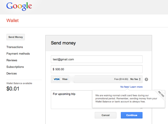 New Google Wallet Send Money - Credit Card Fees Waived During Promotional Period