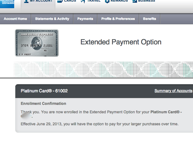 10,000 AMEX Membership Rewards Points for Extended Payment Enrollment-Confirmation