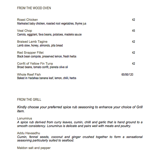 Park Hyatt Maldives Island Grill Menu - Main Courses and Spice Rubs