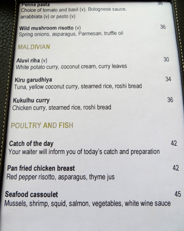 Park Hyatt Maldives Lunch Menu - Pasta, Maldivian, Poultry, Fish