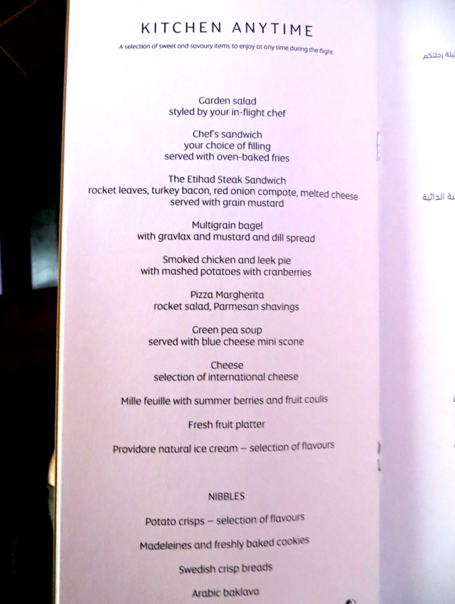 Etihad First Class Review - Kitchen Anytime Menu