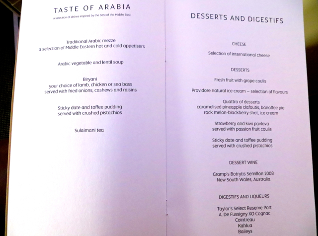 Etihad First Class Review - Taste of Arabia and Dessert Menu