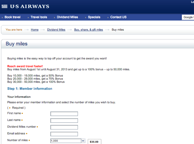 100% Bonus to Buy US Airways Miles Back-Not Worth It