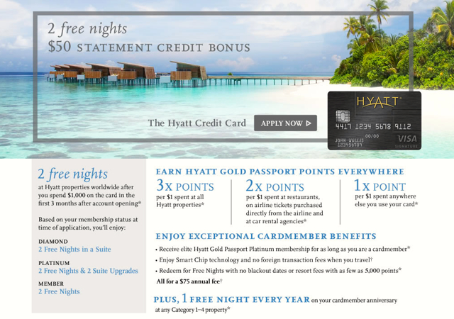 Hyatt Visa Best Hotel Credit Card Signup Bonus: 2 Free Nights and $50 Statement Credit