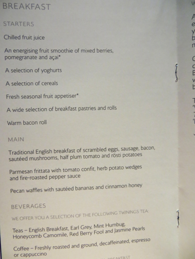 British Airways New First Class Review - Breakfast Menu