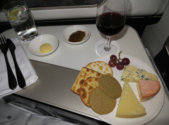 British Airways New First Class Review - Cheese Plate and Glass of Wine