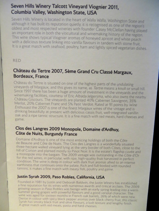 British Airways New First Class - Wine List - Red Wines