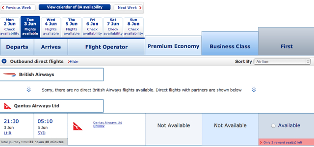 Qantas First Class Award Availability - LHR-SYD